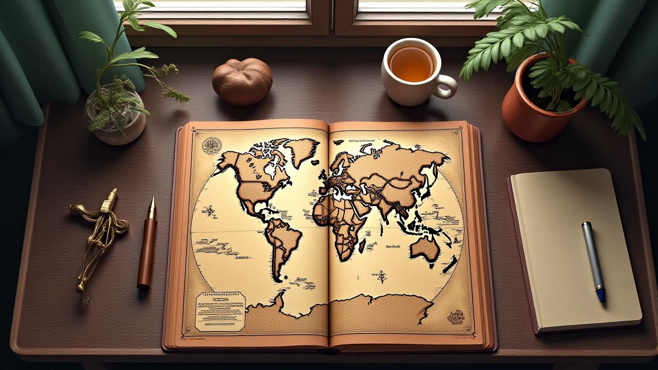 책상 위에 놓인 지도와 나침반, 펜 이미지