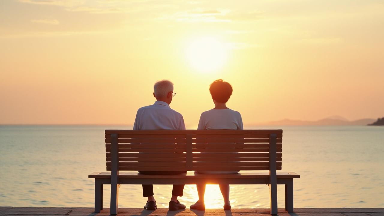 해변 벤치에 앉아 따뜻하게 웃으며 담소를 나누는 노부부의 뒷모습